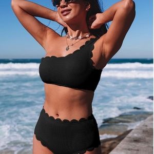 Aleumdr One Shoulder Bikini Set for Women Scalloped Trim Swismuit High Waisted T